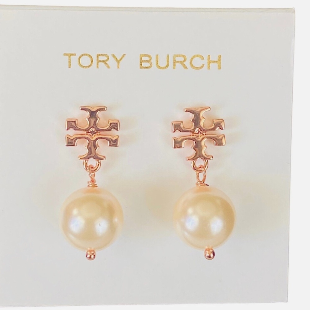 NEW Tory Burch Rose Gold T-Logo Swarovski Pearl Drop Earrings NWT $135